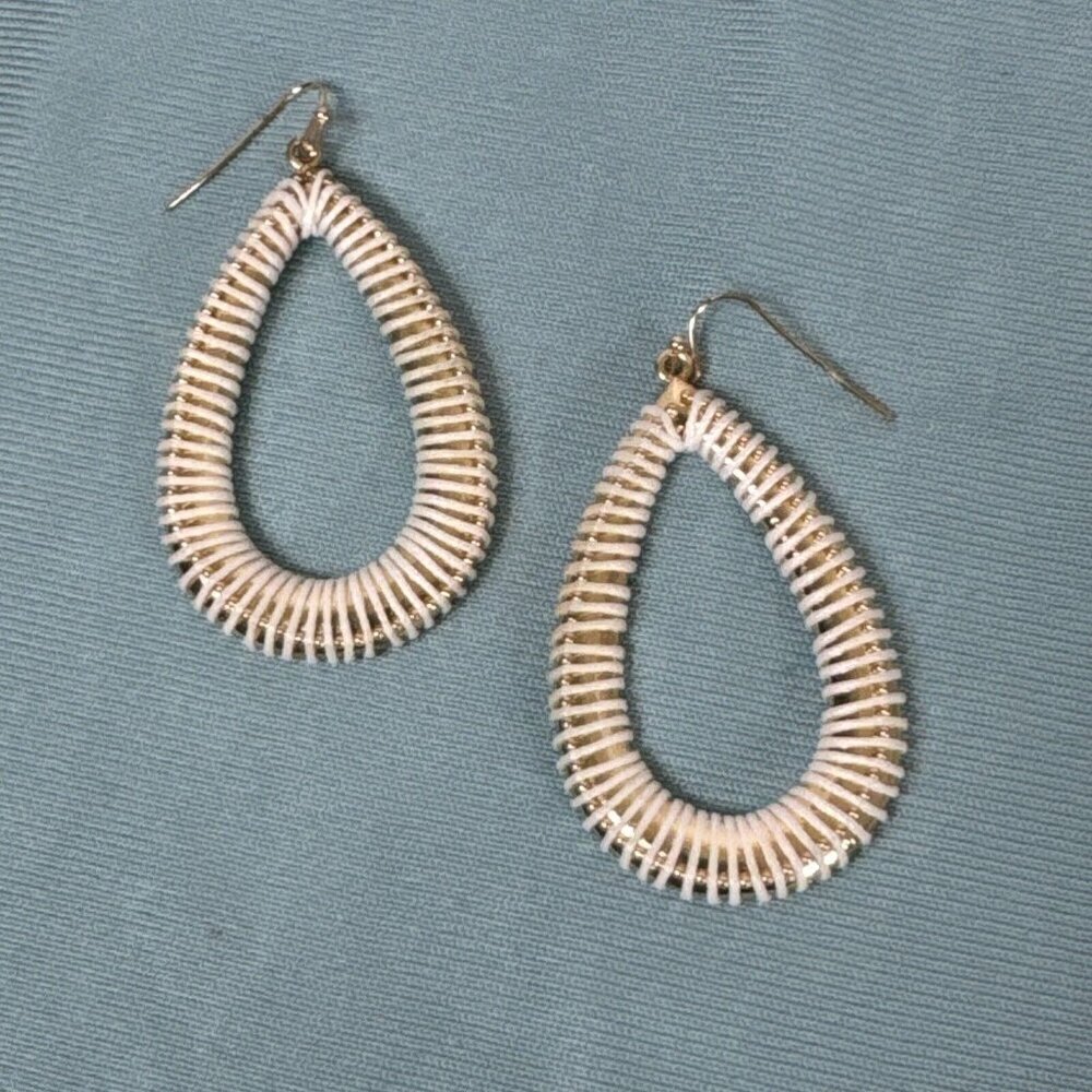Gold Tone Teardrop Thread Wrapped Shepherd Hood Earrings Gold Creme Fashion